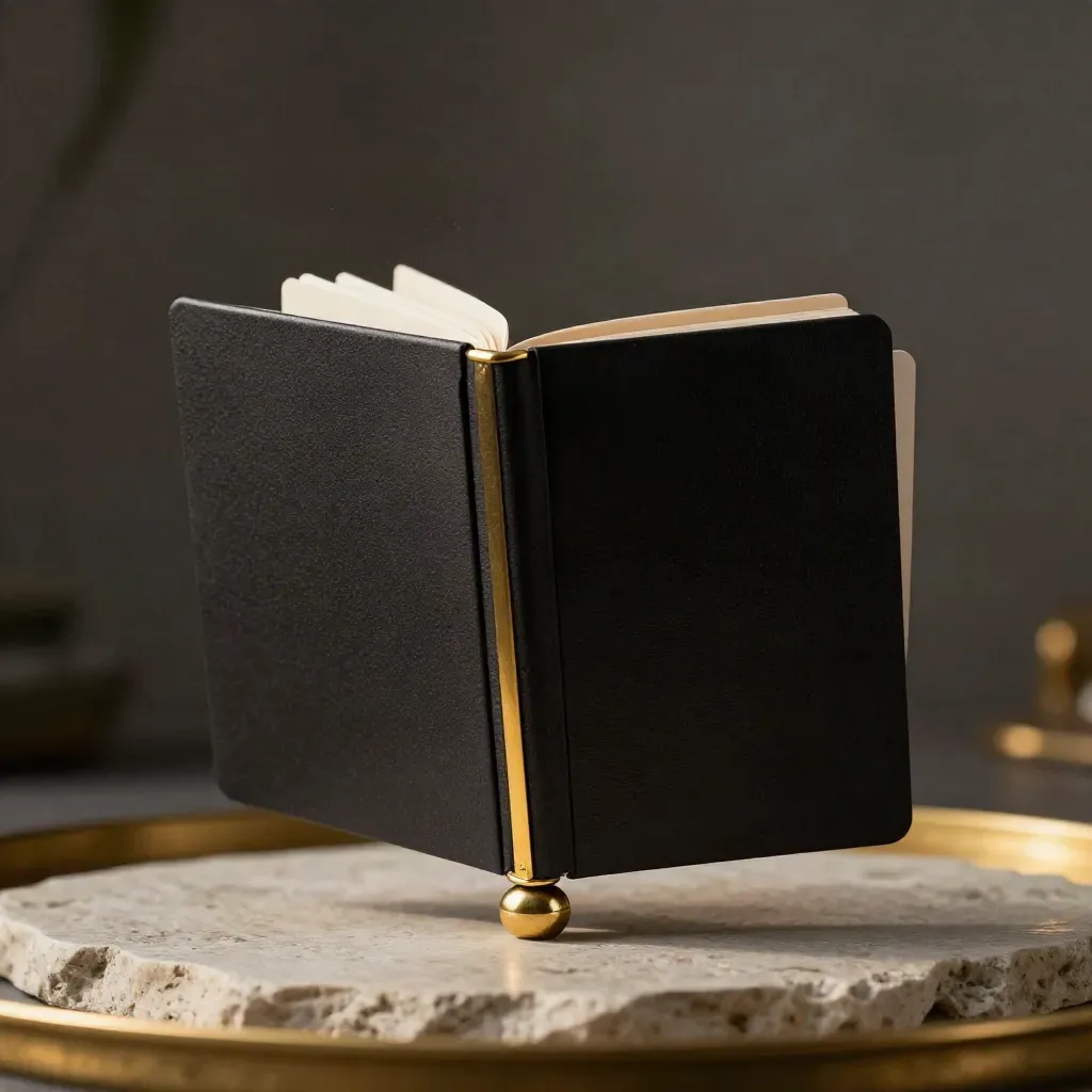 Matte-black equity booklets with brass spine hovering above pale stone in moody macro.