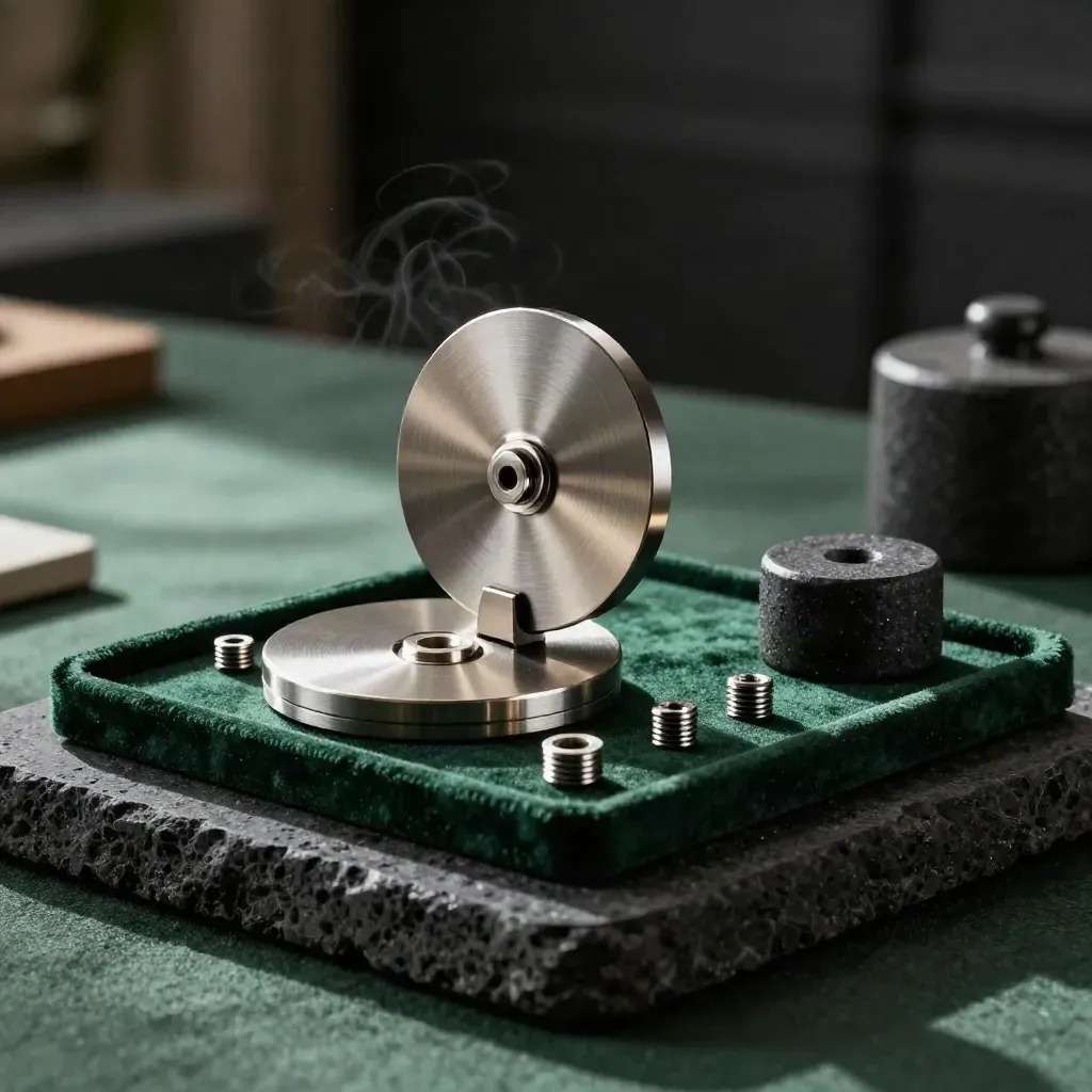 Brushed-metal hedging kit with disks, spacers, tray and stone weight on dark stone.