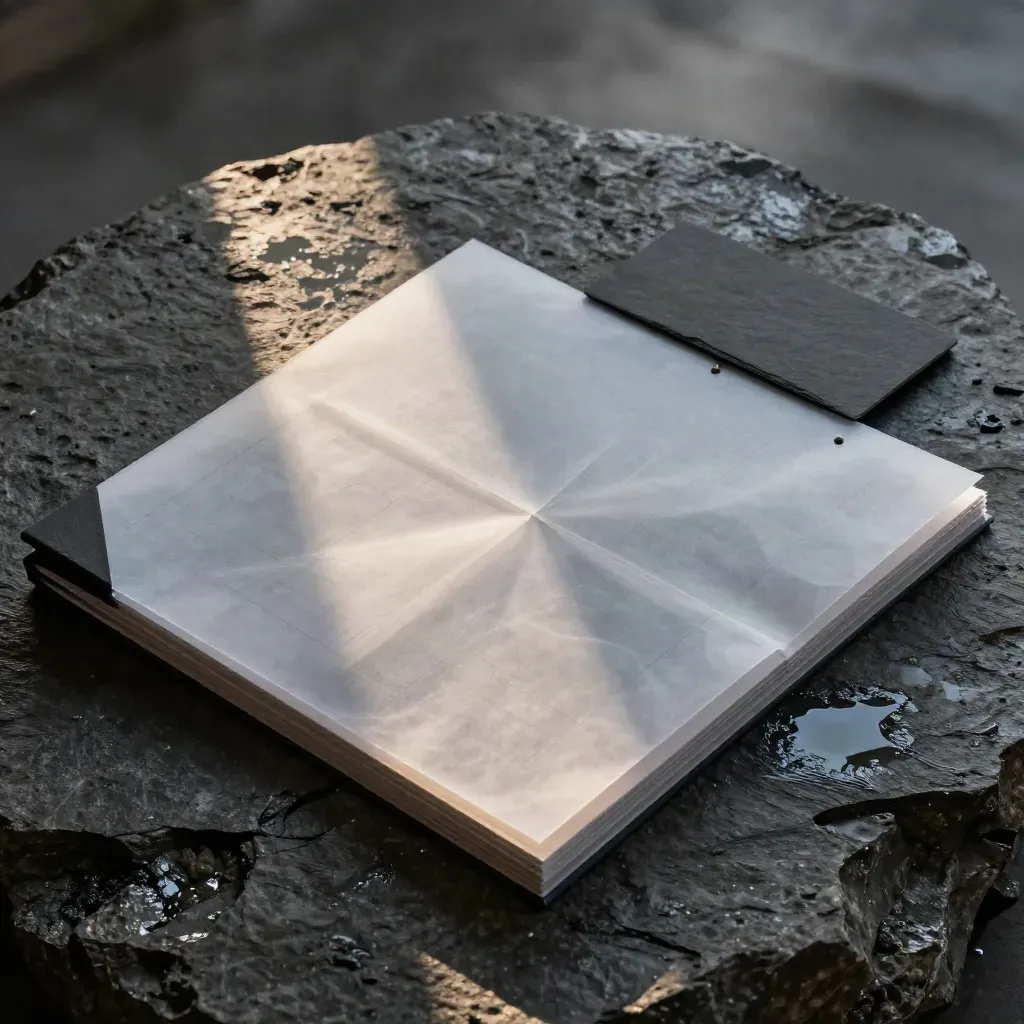 Overhead risk-map folio on wet basalt with translucent overlays and slanting light