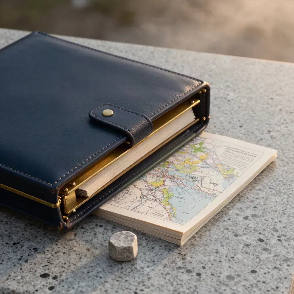 Luxury finance portfolio case with binders, folio, and stone block on wet travertine