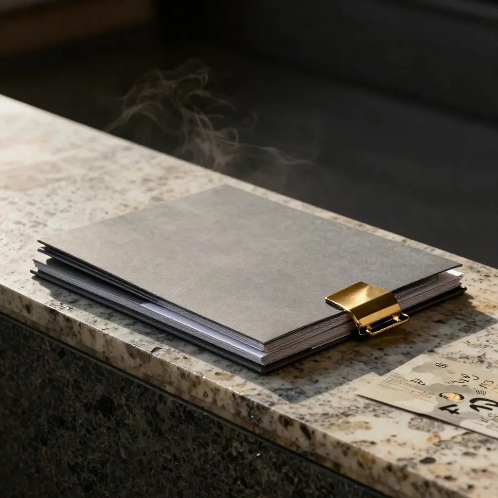 Graphite review folders on travertine, brass clip, dark stone divider, swept diagonally by wind.