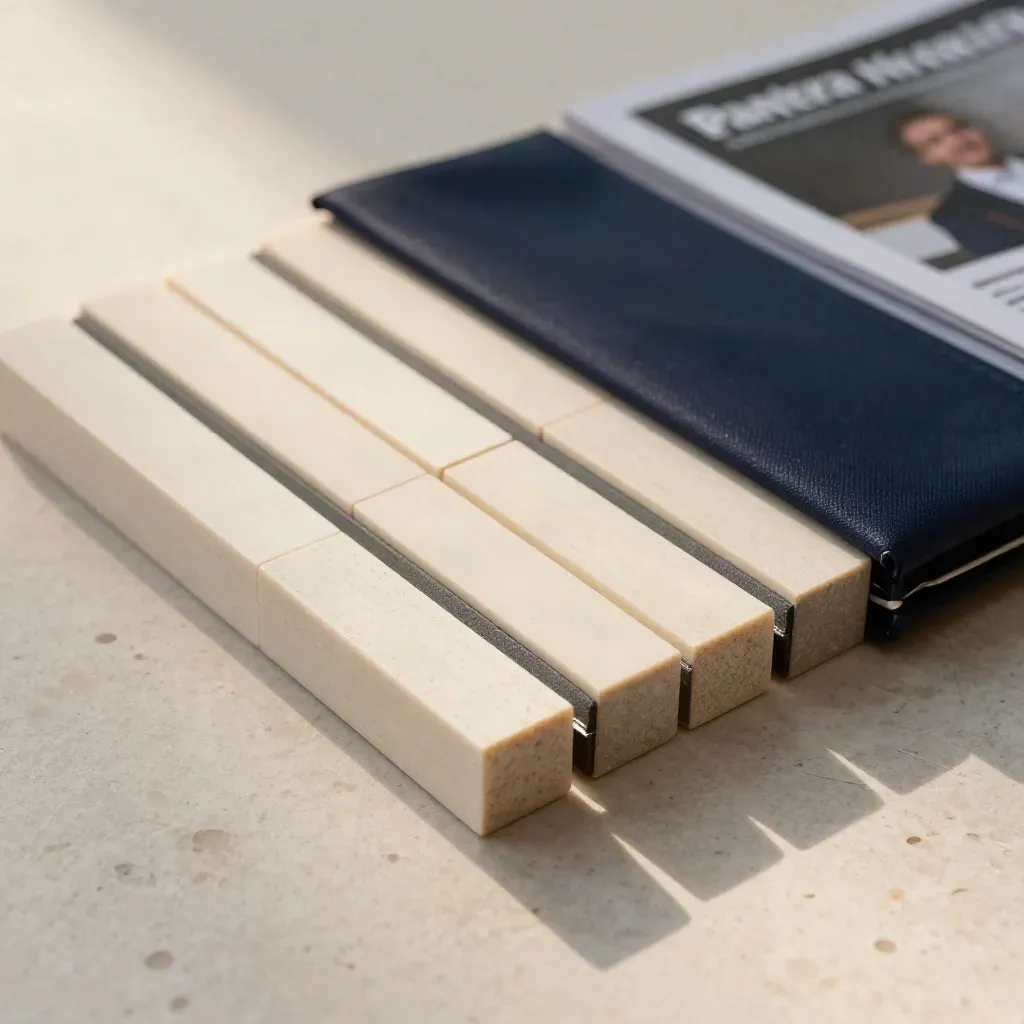 Ivory allocation blocks and a midnight-navy pouch arranged diagonally on pale travertine.