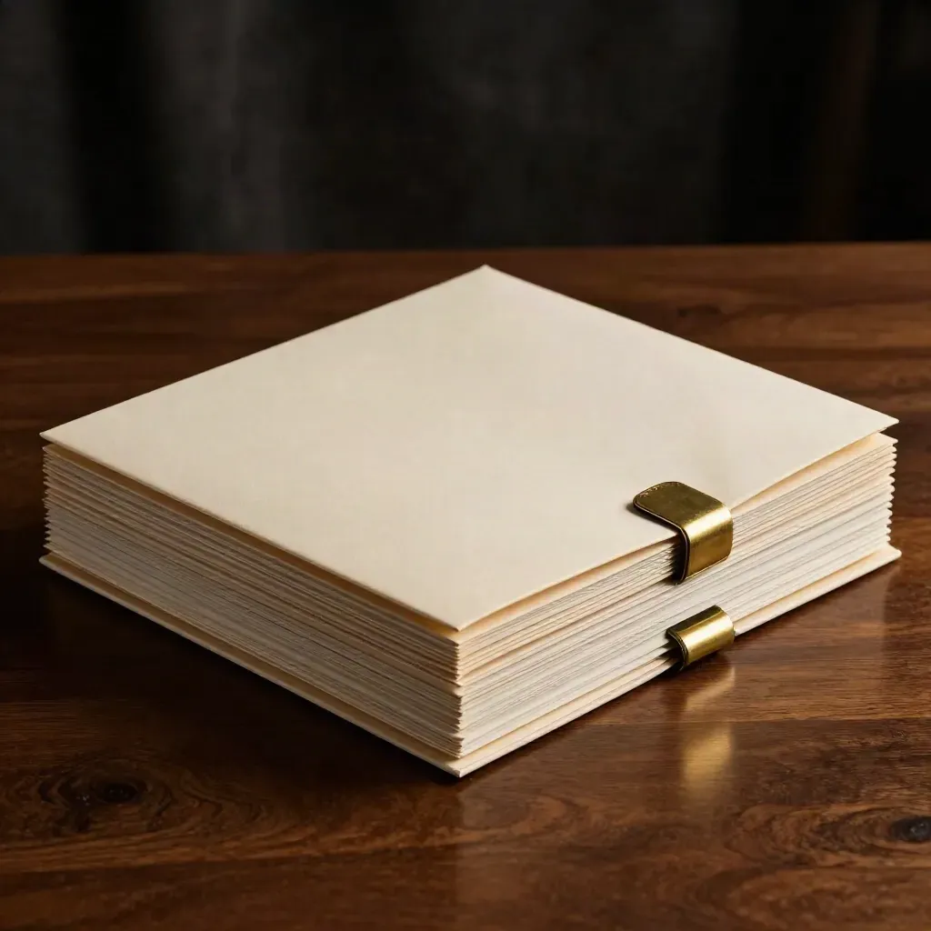 Cream investor report folders with brass clip on walnut, softly lit in a dark premium studio.