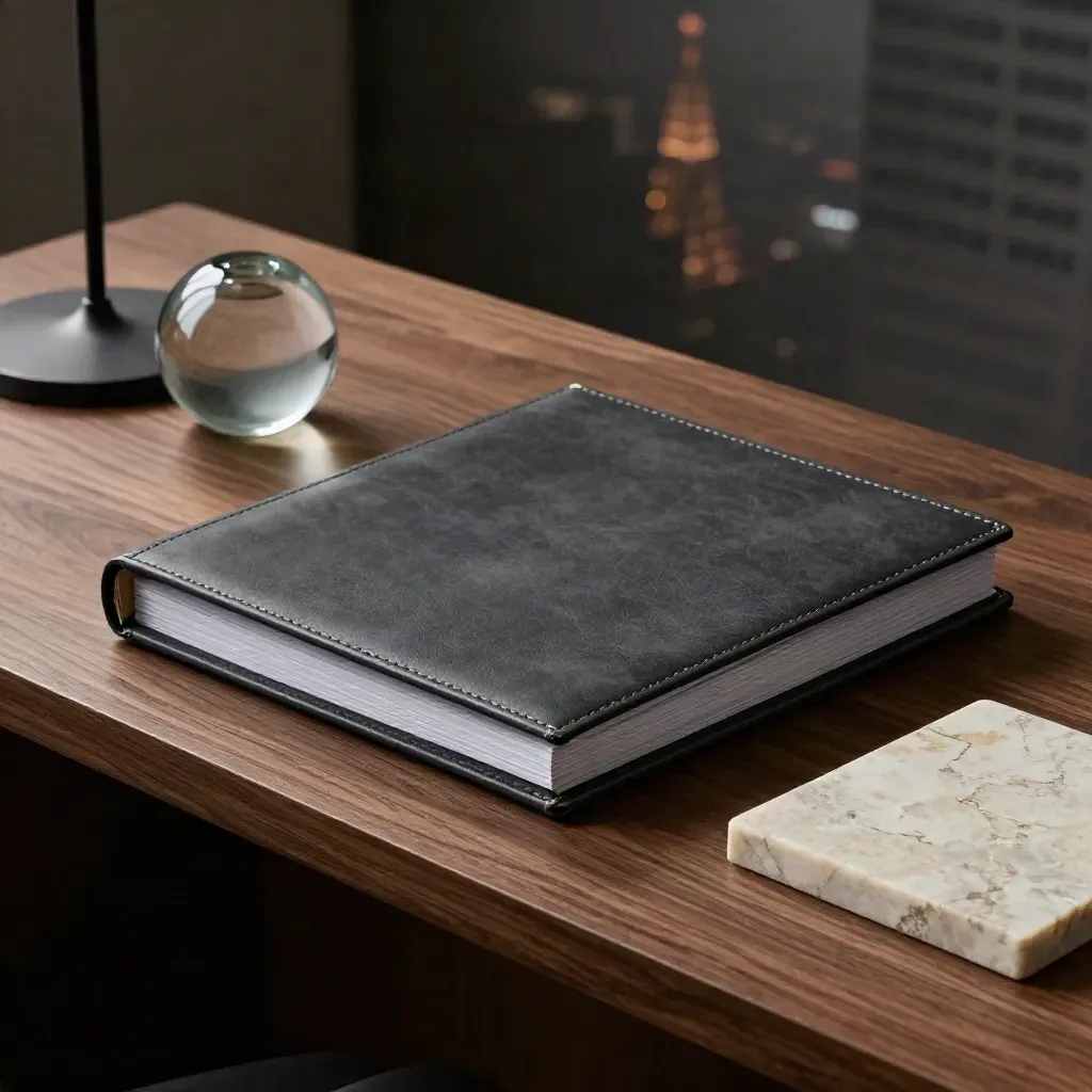 Four closed binders, lamp base, smoked-glass paperweight and stone blotter on a walnut desk
