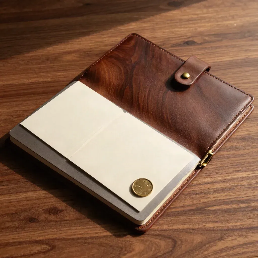 Overhead flatlay of a leather advisory folio, handset cradle, cards and brass token on walnut.