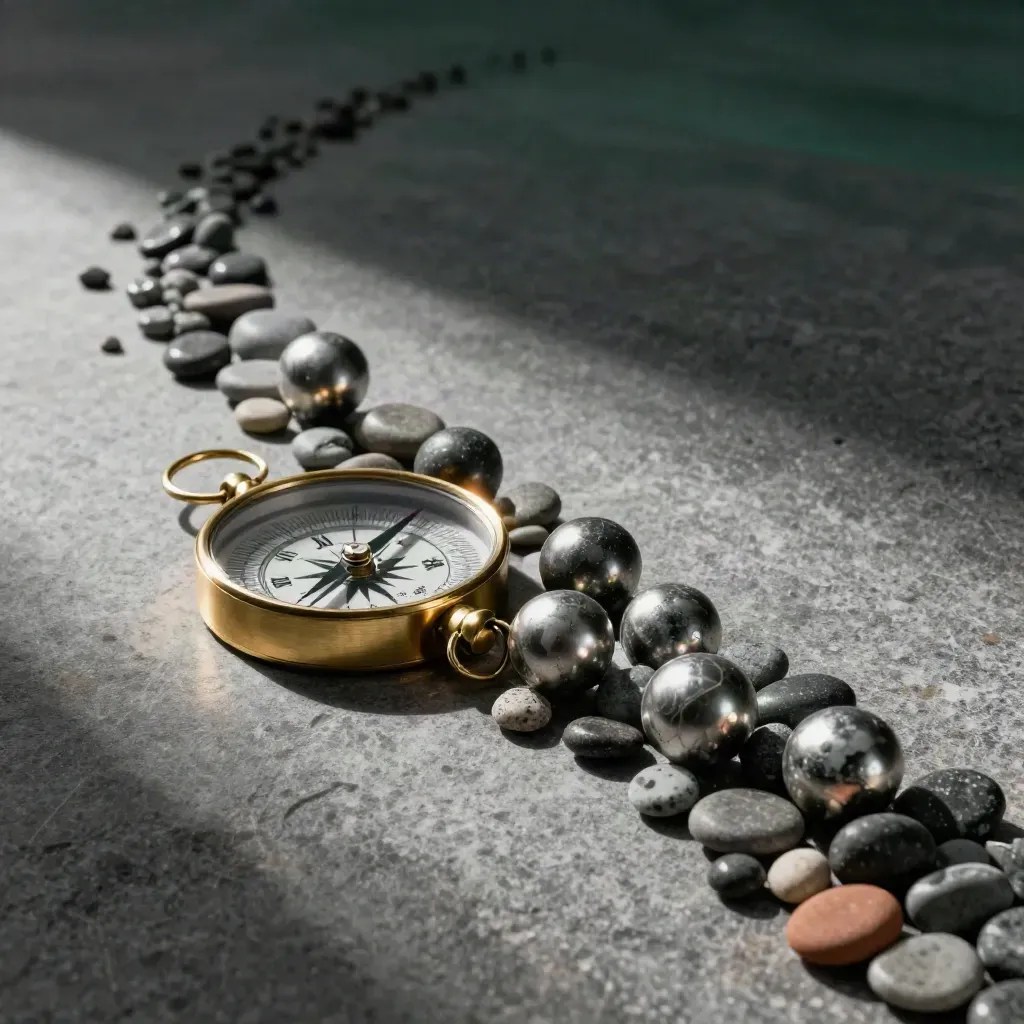 Brass-ring hedge case with metal spheres and pebbles sweeping across stone.