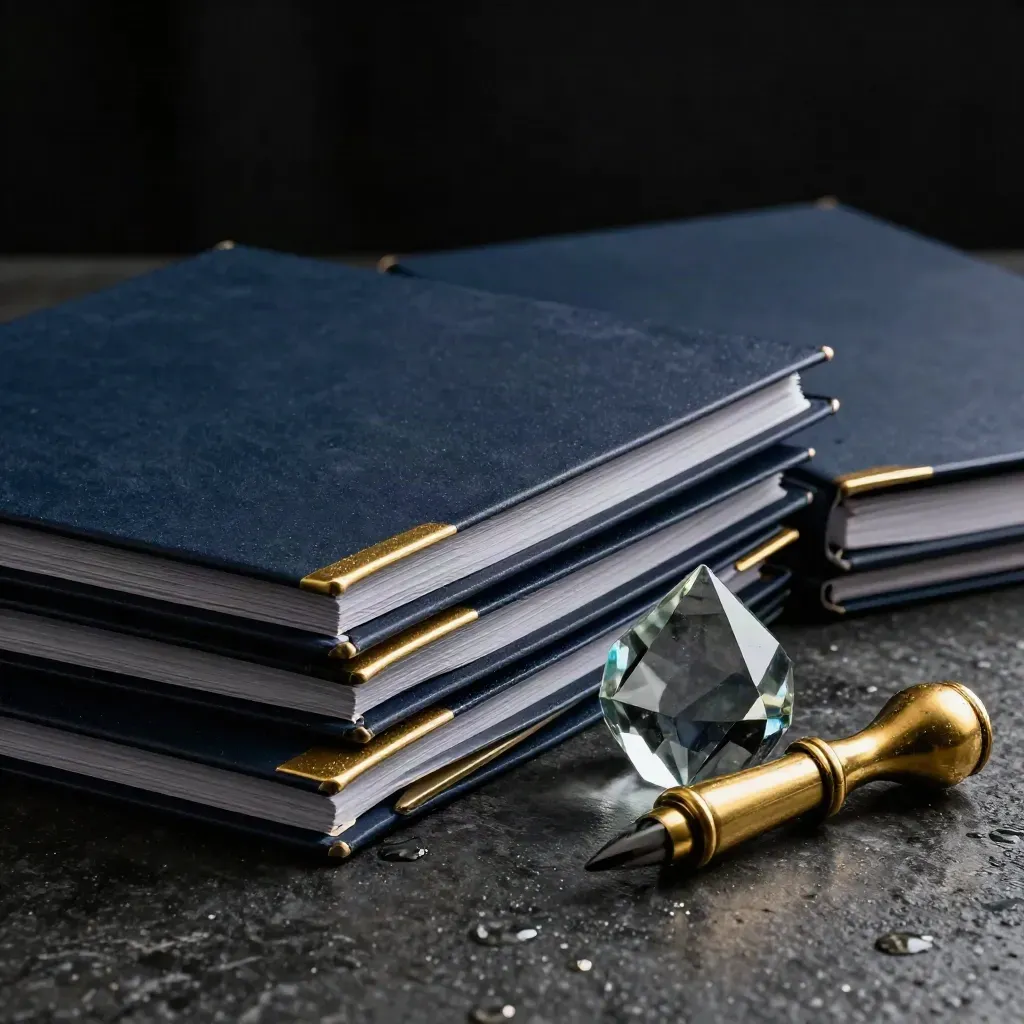 Dramatic navy report folders, smoked-glass prism, and brass marker on dark stone with haze and reflections.