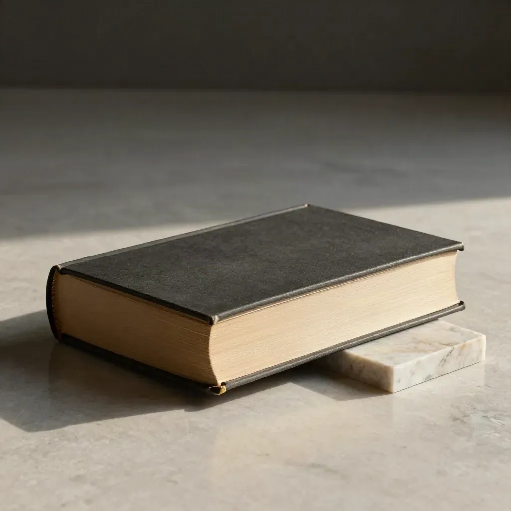 Matte charcoal pair book with brass spine and stone block on travertine, lit like a premium studio hero.