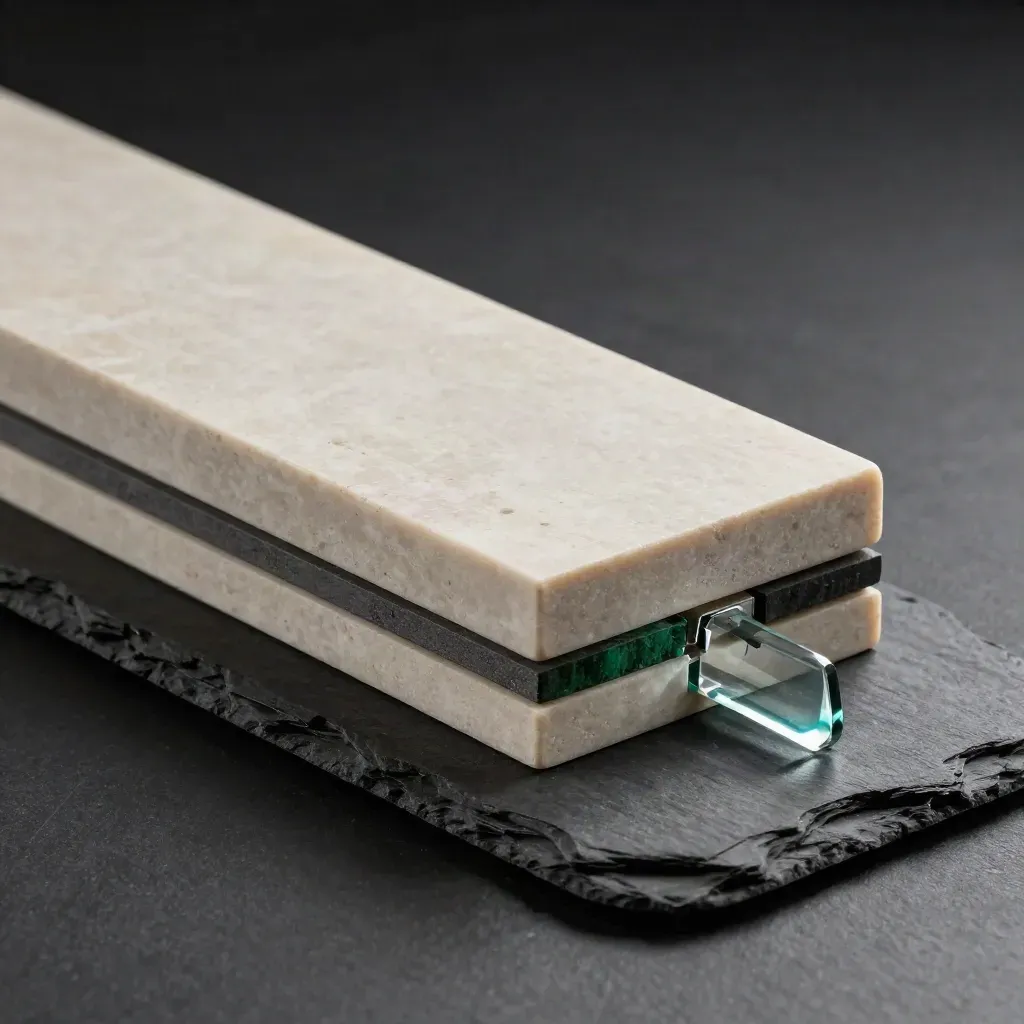 Stone finance folio with glass weight on a dark slate surface, lit dramatically