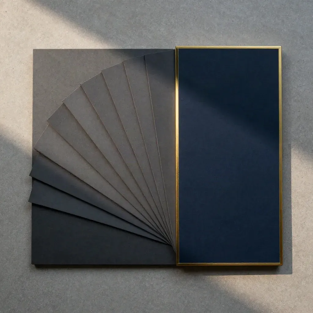 Overhead flatlay of layered credit risk map boards with graphite tabs and brass edging.
