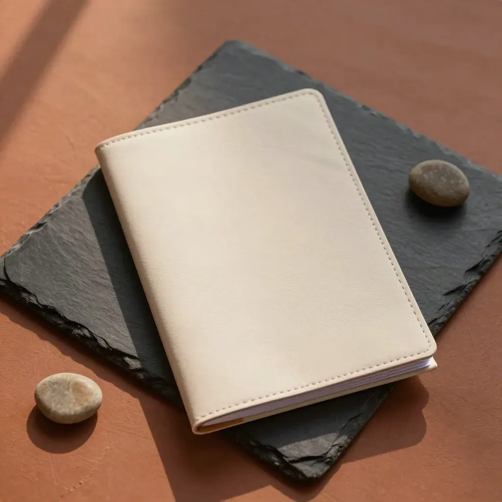 Cream leather board report deck in a slate tray with a polished stone, seen from above.