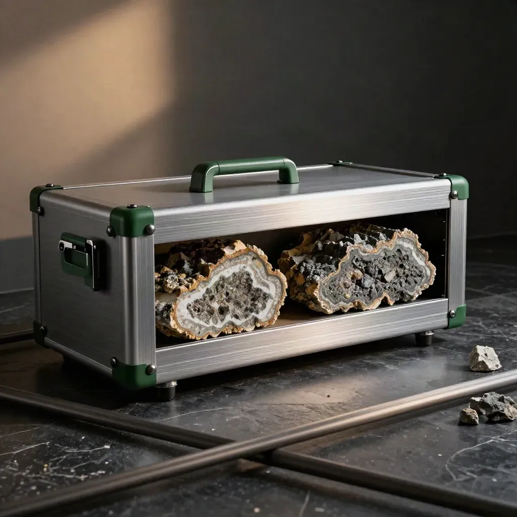 Rugged energy hedge case with metal bands and two core samples on dark stone.