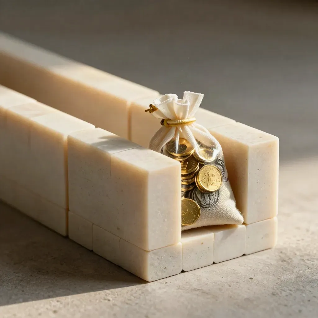 Ivory blocks ring a sealed pouch of brass tokens on plaster in dramatic macro light.