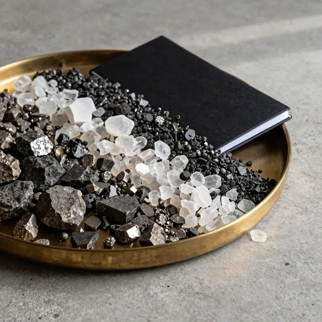 Mineral samples, brass-rimmed dish, and black ledger spine on concrete in a diagonal flatlay.