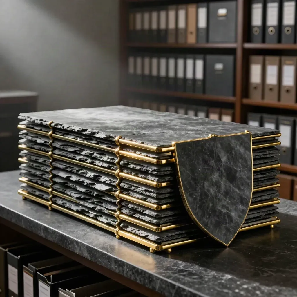 Slate tiles, brass spacers, and a dark binder forming a shield in a finance archive.
