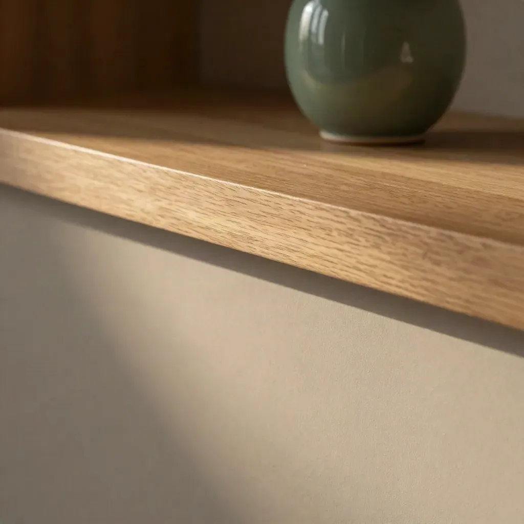 Brushed oak surface and dark plaster wall with a blurred green ceramic form in soft morning light