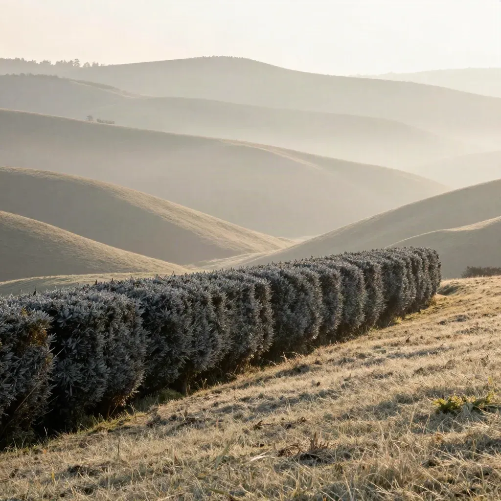 Wind-tossed hedge above a foggy valley and layered hills at dawn.