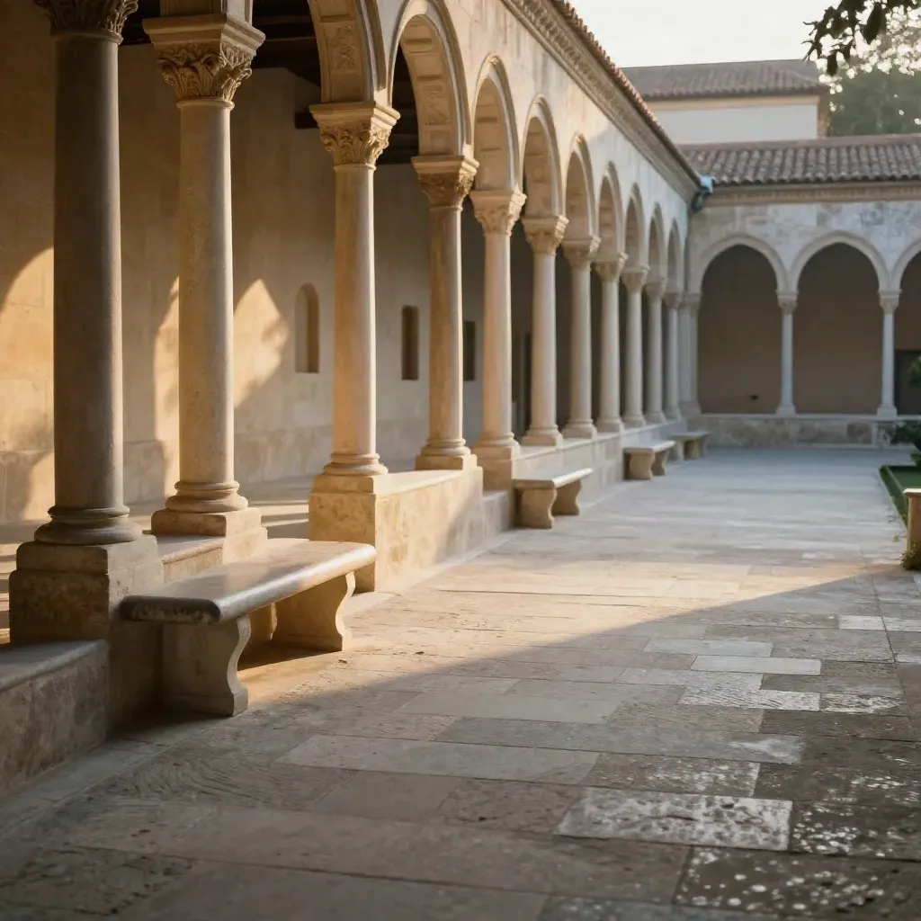 Sunlit sandstone cloister with soft courtyard haze and calm foreground for headline copy